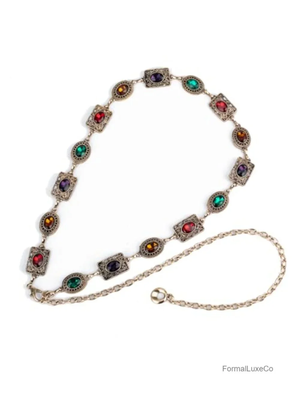 Metal Chain Belt with Rhinestone Oval Pattern - Adjustable Waist Belt for